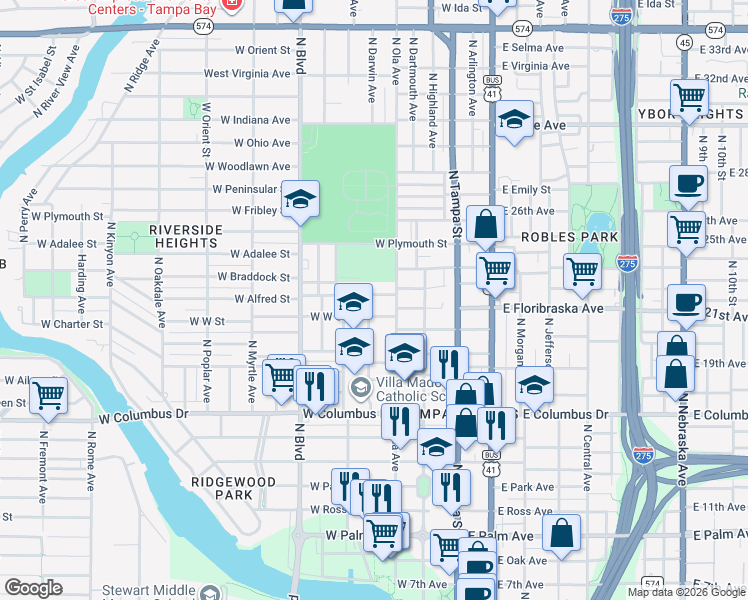map of restaurants, bars, coffee shops, grocery stores, and more near 310 West West Street in Tampa