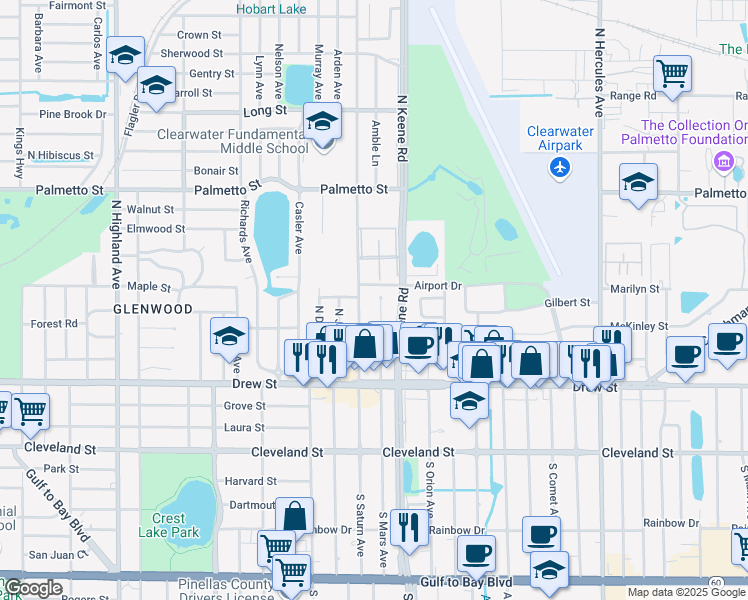 map of restaurants, bars, coffee shops, grocery stores, and more near 408 North Mars Avenue in Clearwater