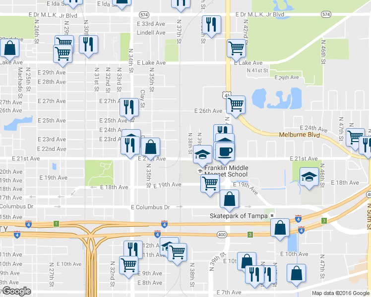 map of restaurants, bars, coffee shops, grocery stores, and more near 3012 North 38th Street in Tampa