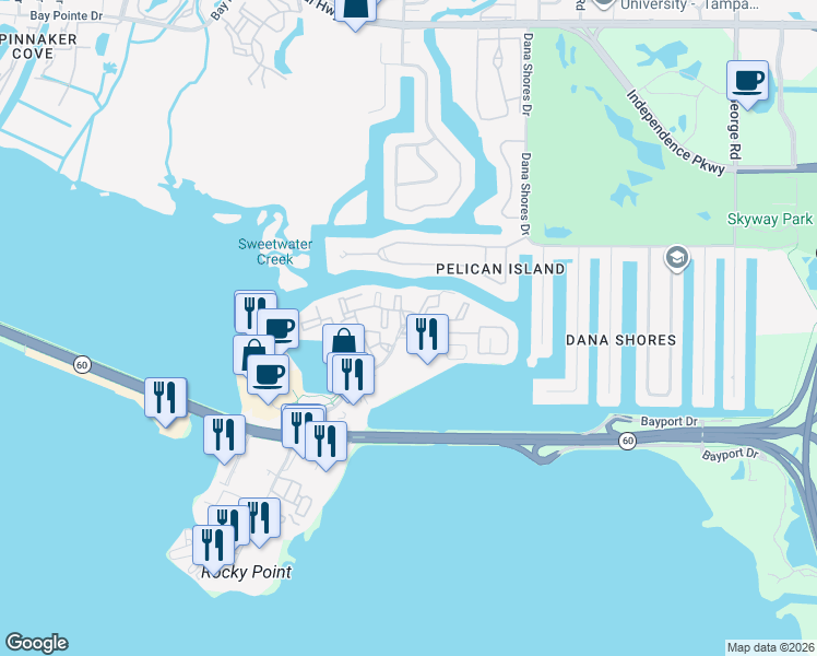 map of restaurants, bars, coffee shops, grocery stores, and more near 3101 North Rocky Point Drive East in Tampa