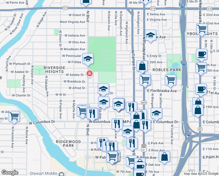 map of restaurants, bars, coffee shops, grocery stores, and more near 310 West West Street in Tampa