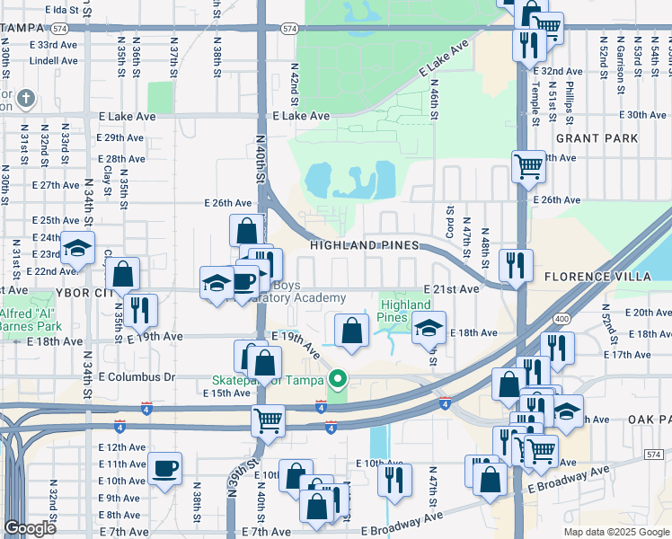 map of restaurants, bars, coffee shops, grocery stores, and more near 3009 North 43rd Street in Tampa