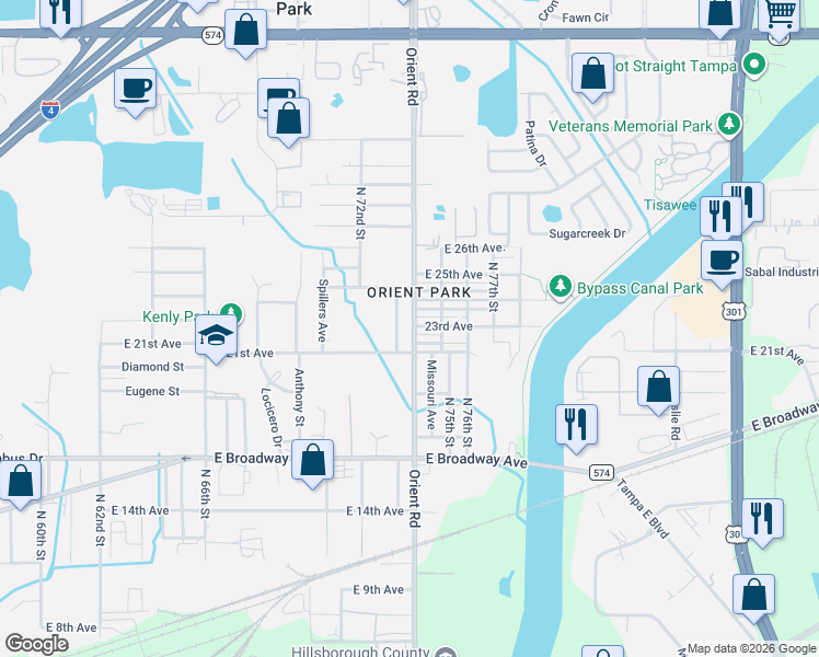 map of restaurants, bars, coffee shops, grocery stores, and more near in East Lake-Orient Park