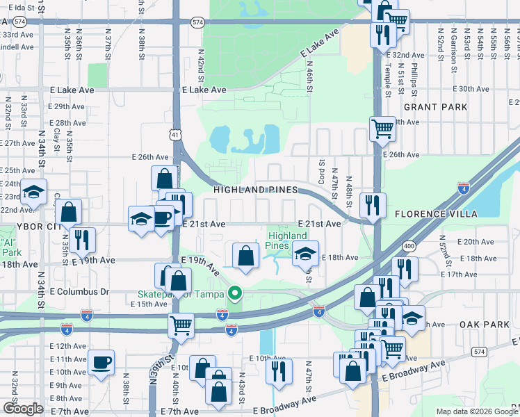 map of restaurants, bars, coffee shops, grocery stores, and more near 4406 East 22nd Avenue in Tampa