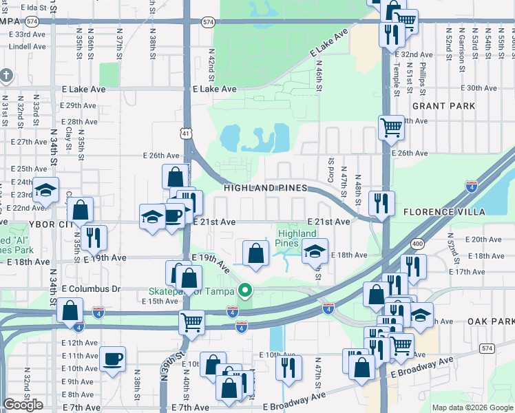 map of restaurants, bars, coffee shops, grocery stores, and more near 4310 East 22nd Avenue in Tampa