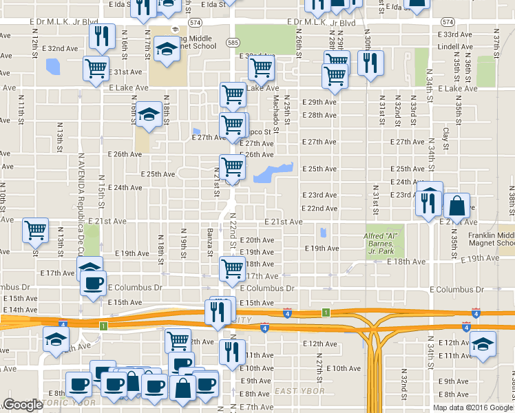 map of restaurants, bars, coffee shops, grocery stores, and more near 3201 North 24th Street in Tampa