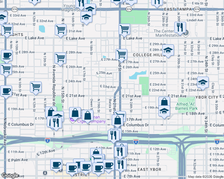 map of restaurants, bars, coffee shops, grocery stores, and more near 2101A East 24th Avenue in Tampa