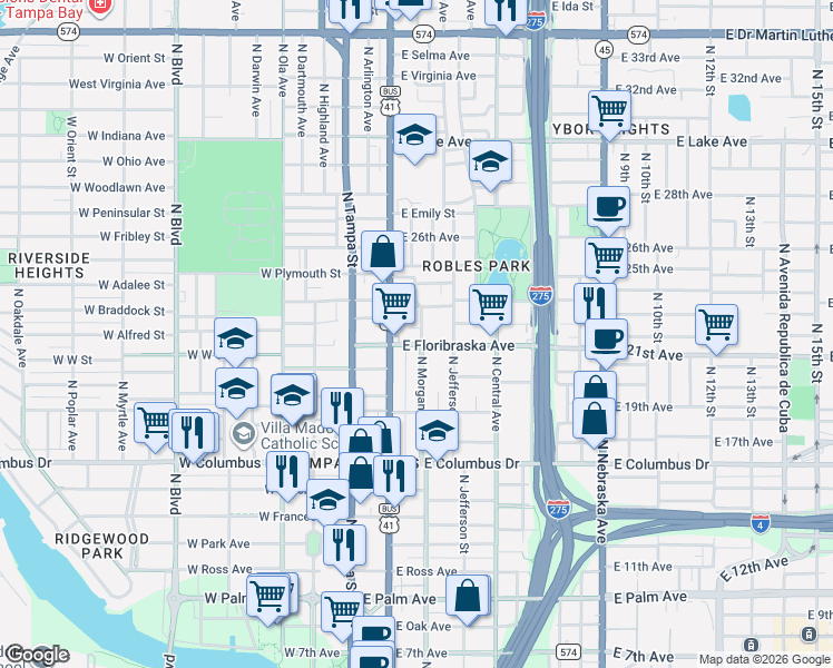 map of restaurants, bars, coffee shops, grocery stores, and more near 3013 North Morgan Street in Tampa