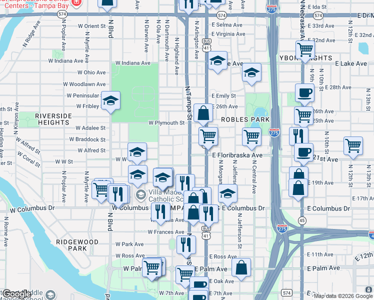 map of restaurants, bars, coffee shops, grocery stores, and more near 3014 North Tampa Street in Tampa