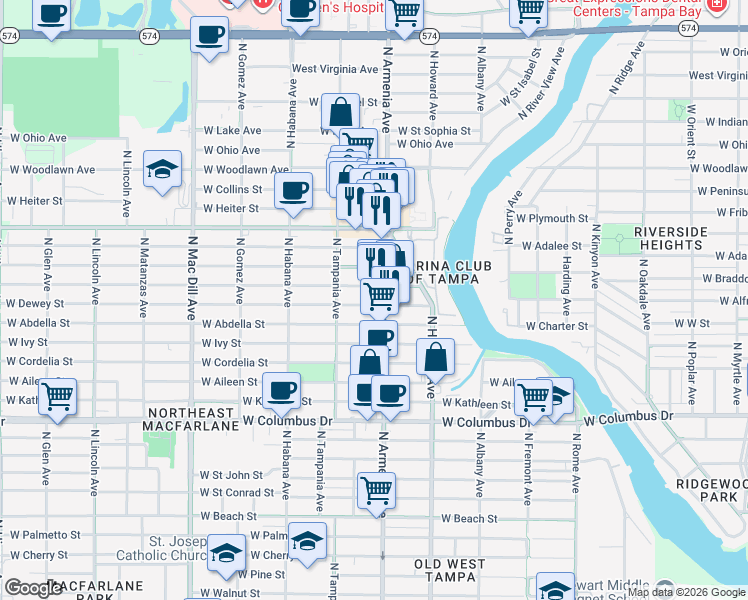 map of restaurants, bars, coffee shops, grocery stores, and more near 2501 West Leroy Street in Tampa