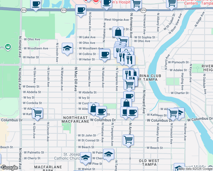 map of restaurants, bars, coffee shops, grocery stores, and more near 2713 West Leroy Street in Tampa