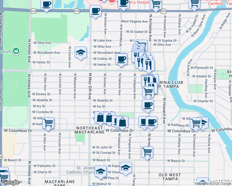 map of restaurants, bars, coffee shops, grocery stores, and more near 2905 West Leroy Street in Tampa