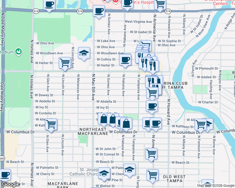 map of restaurants, bars, coffee shops, grocery stores, and more near 2905 West Leroy Street in Tampa