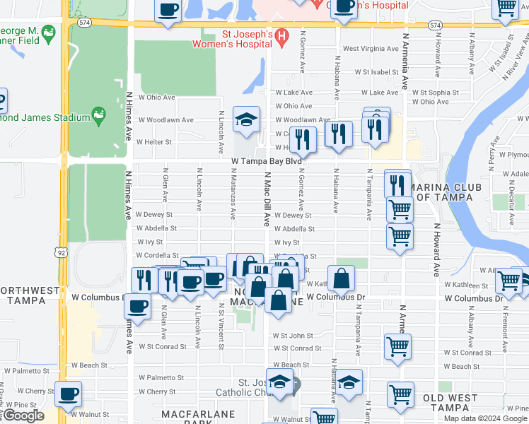 map of restaurants, bars, coffee shops, grocery stores, and more near 3109 West Leroy Street in Tampa