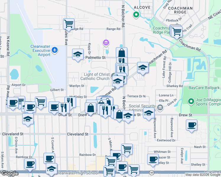 map of restaurants, bars, coffee shops, grocery stores, and more near 2176 Marilyn Street in Clearwater