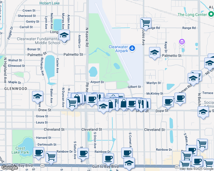 map of restaurants, bars, coffee shops, grocery stores, and more near 1875 Airport Drive in Clearwater