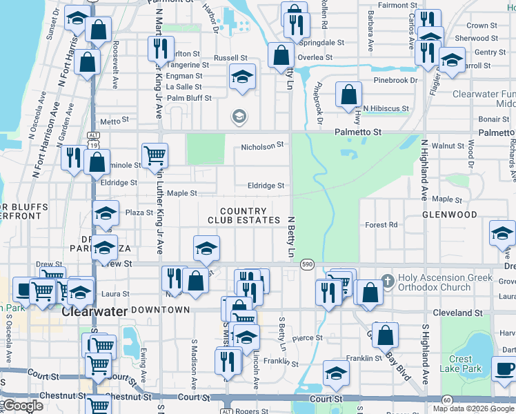 map of restaurants, bars, coffee shops, grocery stores, and more near 1259 Eldridge Street in Clearwater