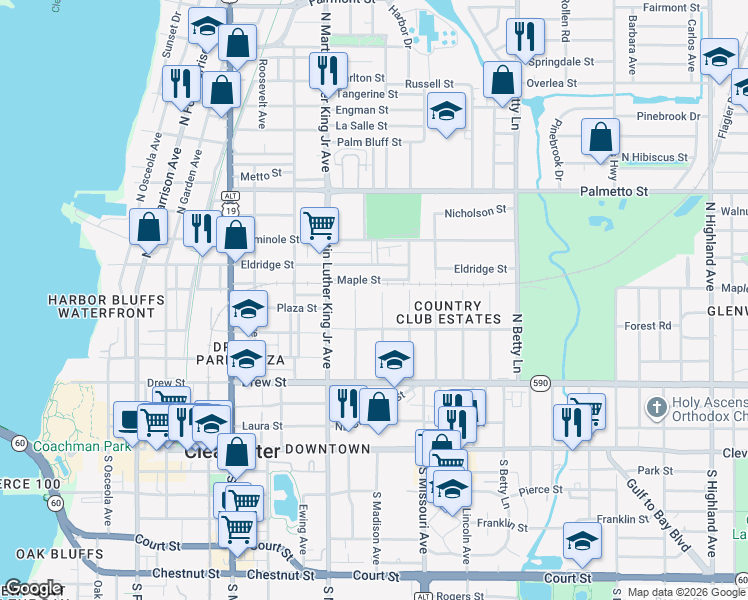 map of restaurants, bars, coffee shops, grocery stores, and more near 1143 Eldridge Street in Clearwater