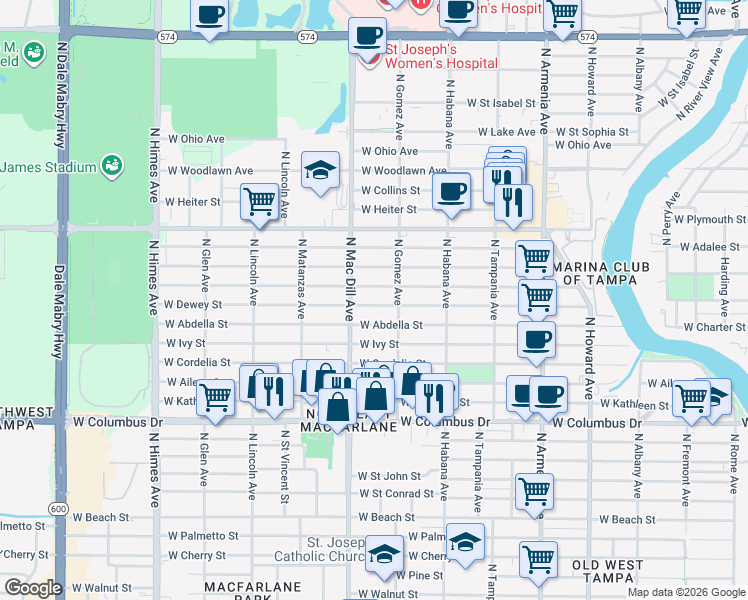 map of restaurants, bars, coffee shops, grocery stores, and more near 3035 West Leroy Street in Tampa