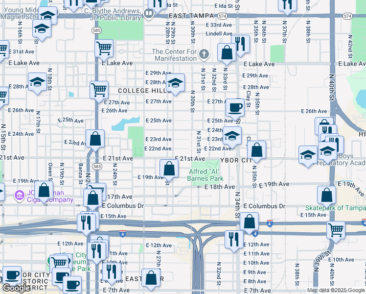 map of restaurants, bars, coffee shops, grocery stores, and more near 2912 East 22nd Avenue in Tampa