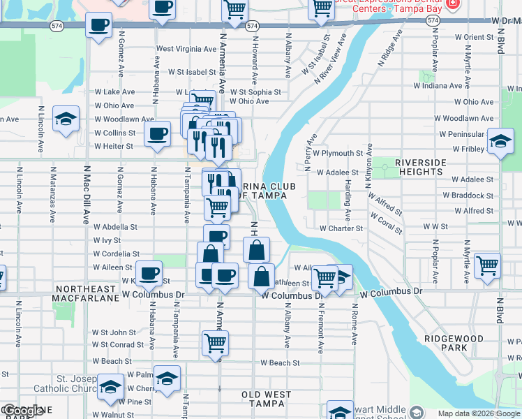 map of restaurants, bars, coffee shops, grocery stores, and more near 2424 West Tampa Bay Boulevard in Tampa