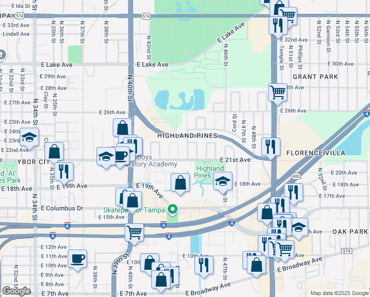map of restaurants, bars, coffee shops, grocery stores, and more near 3010 North 44th Street in Tampa