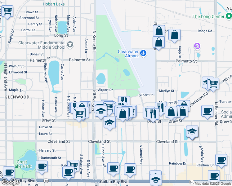 map of restaurants, bars, coffee shops, grocery stores, and more near 1875 Airport Drive in Clearwater
