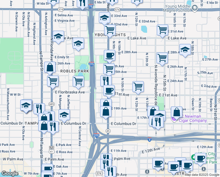 map of restaurants, bars, coffee shops, grocery stores, and more near 906 East 23rd Avenue in Tampa