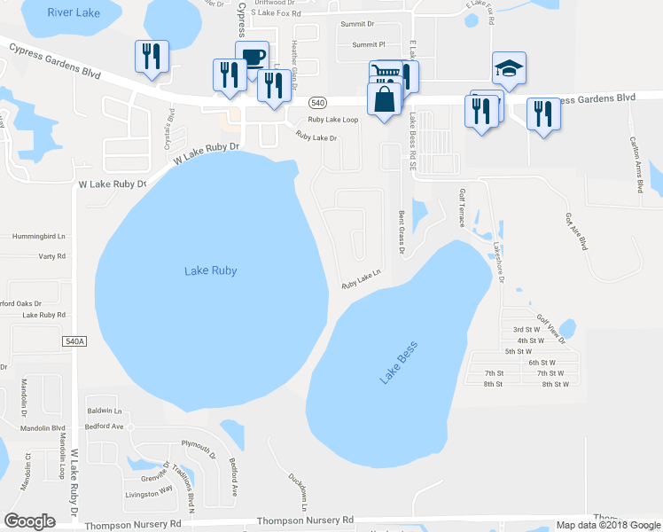 map of restaurants, bars, coffee shops, grocery stores, and more near 244 Ruby Lake Lane in Winter Haven