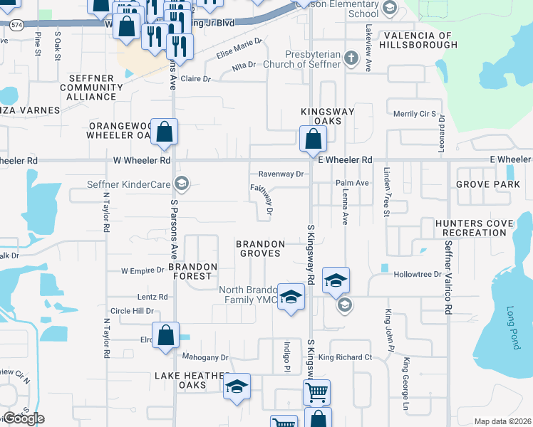 map of restaurants, bars, coffee shops, grocery stores, and more near 221 Faithway Drive in Seffner