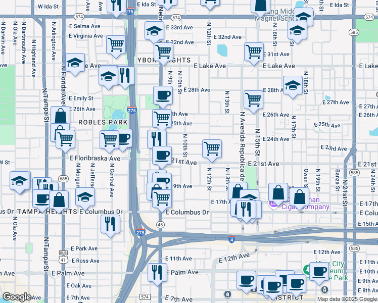 map of restaurants, bars, coffee shops, grocery stores, and more near 1004 East 22nd Avenue in Tampa