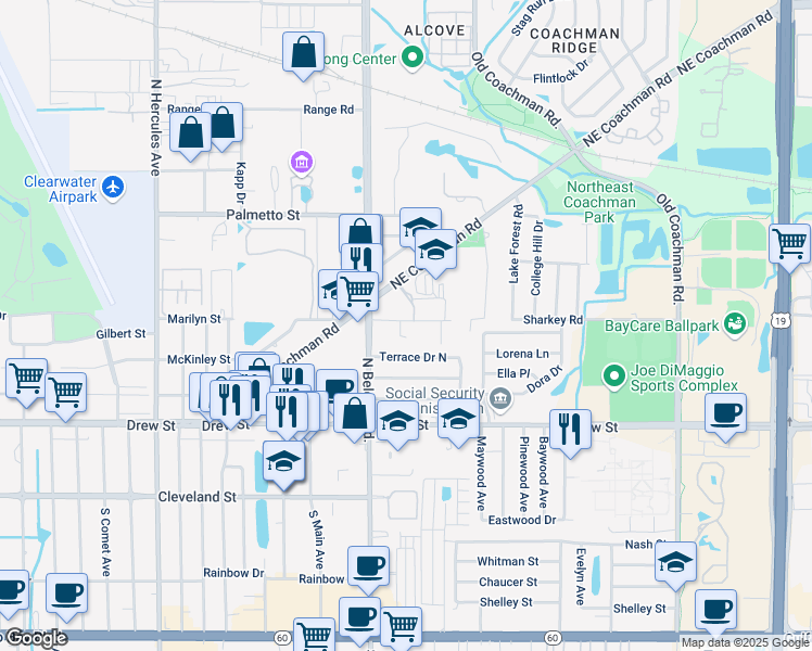 map of restaurants, bars, coffee shops, grocery stores, and more near 2230 Sharkey Road in Clearwater