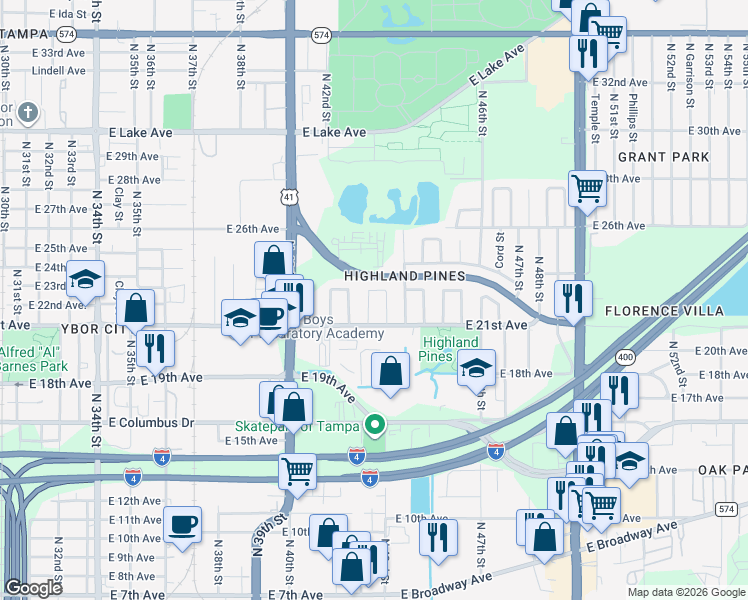 map of restaurants, bars, coffee shops, grocery stores, and more near 4310 East 22nd Avenue in Tampa
