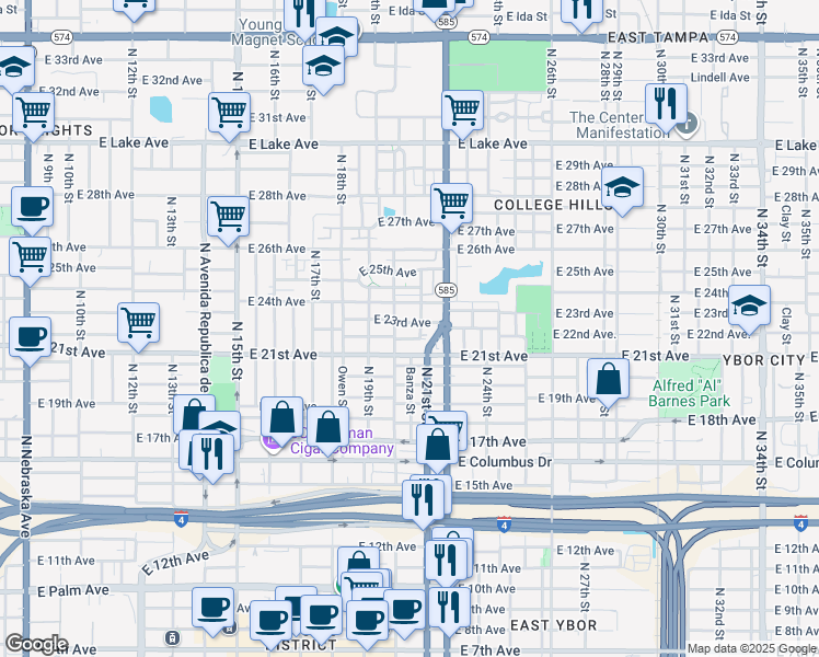 map of restaurants, bars, coffee shops, grocery stores, and more near 2101A East 24th Avenue in Tampa