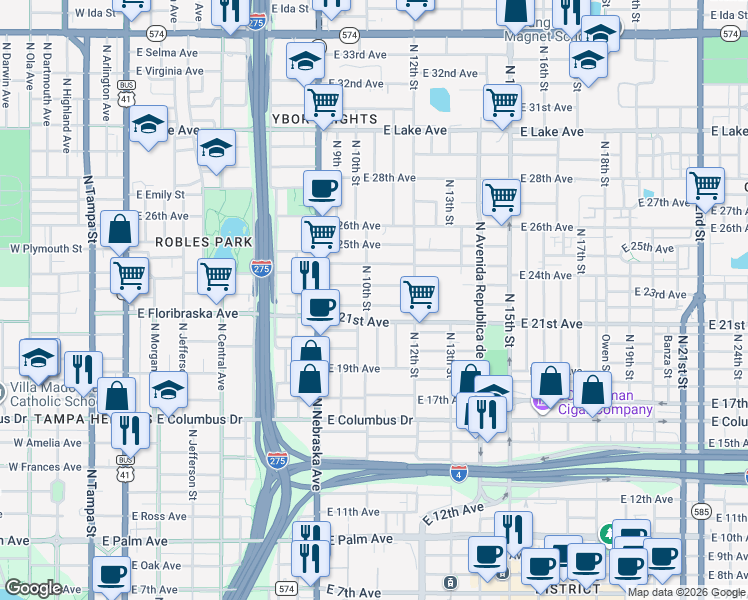map of restaurants, bars, coffee shops, grocery stores, and more near 1002 East 23rd Avenue in Tampa