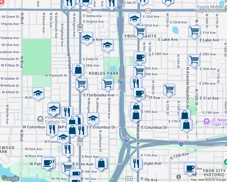 map of restaurants, bars, coffee shops, grocery stores, and more near 504 East Hugh Street in Tampa