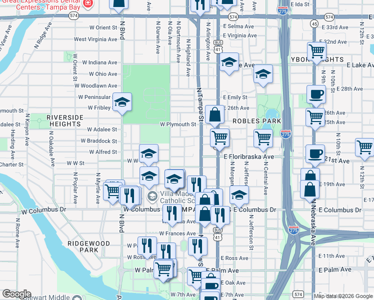 map of restaurants, bars, coffee shops, grocery stores, and more near 3010 North Highland Avenue in Tampa