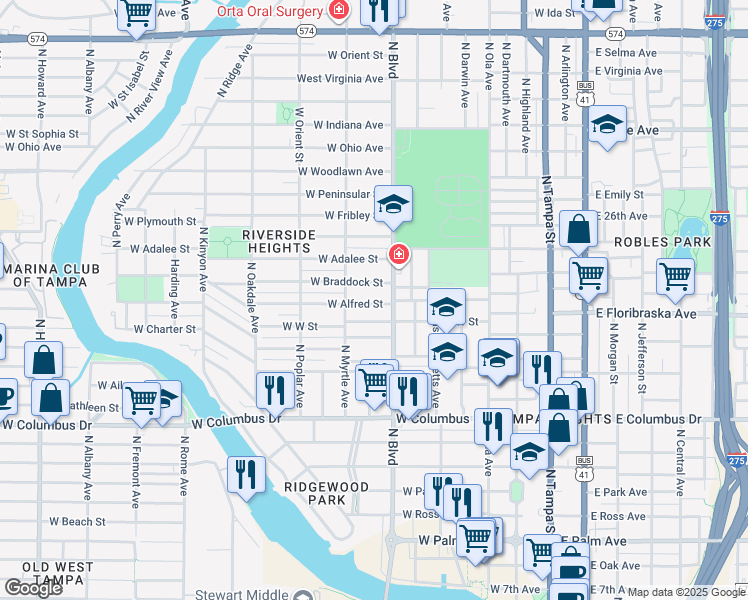 map of restaurants, bars, coffee shops, grocery stores, and more near 704 West Braddock Street in Tampa