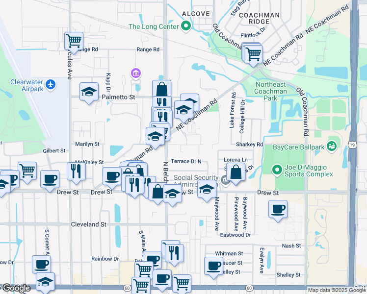 map of restaurants, bars, coffee shops, grocery stores, and more near 2230 Sharkey Road in Clearwater