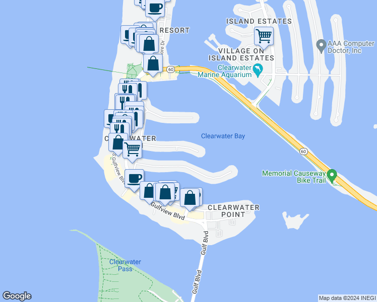 map of restaurants, bars, coffee shops, grocery stores, and more near 176 Brightwater Drive in Clearwater