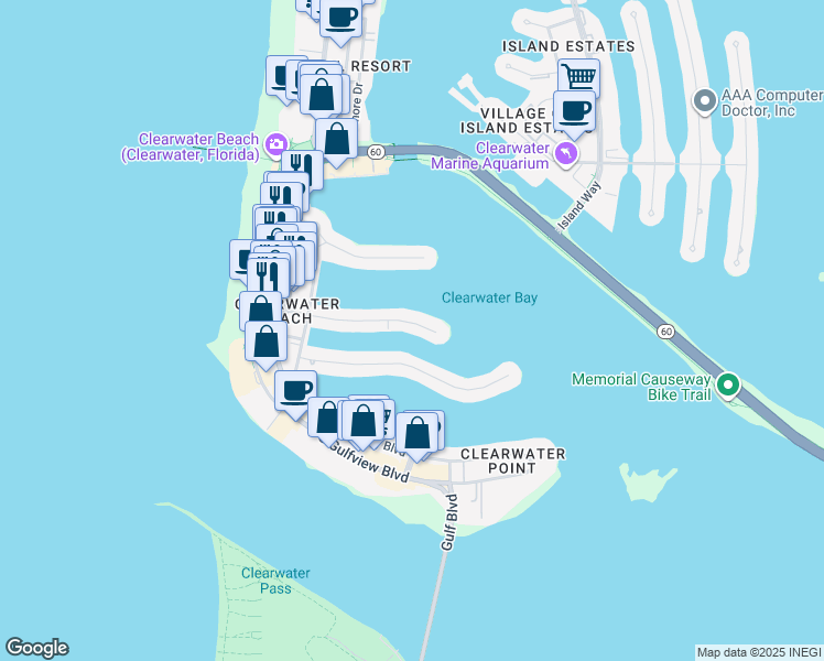 map of restaurants, bars, coffee shops, grocery stores, and more near 176 Brightwater Drive in Clearwater