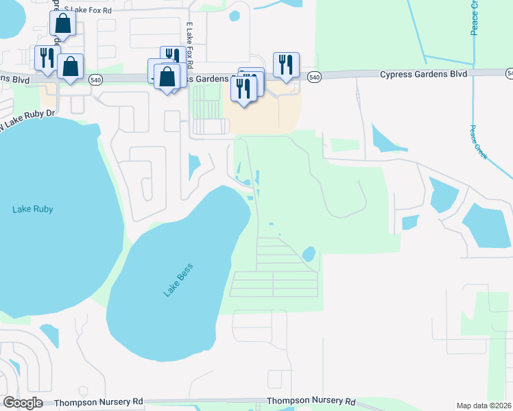 map of restaurants, bars, coffee shops, grocery stores, and more near Lakeshore Drive in Winter Haven