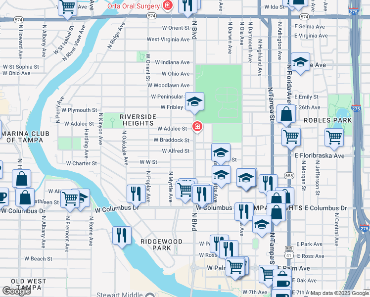 map of restaurants, bars, coffee shops, grocery stores, and more near 704 West Braddock Street in Tampa