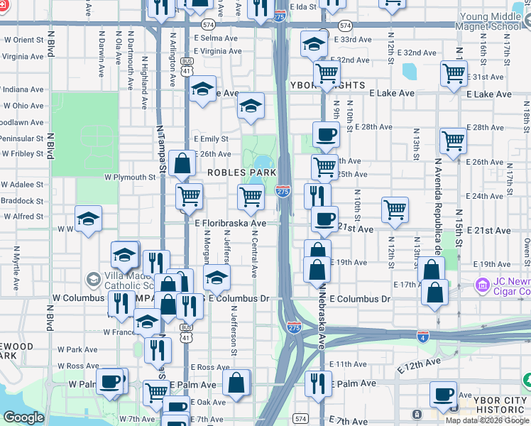 map of restaurants, bars, coffee shops, grocery stores, and more near 504 East Hugh Street in Tampa