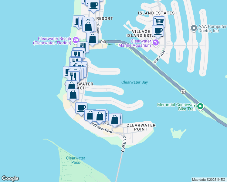 map of restaurants, bars, coffee shops, grocery stores, and more near 176 Brightwater Drive in Clearwater