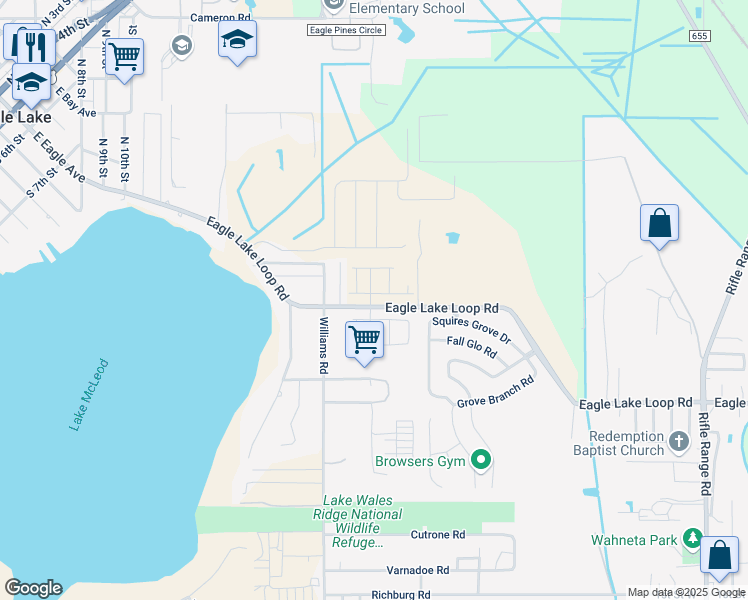 map of restaurants, bars, coffee shops, grocery stores, and more near 104 Howard Street in Eagle Lake
