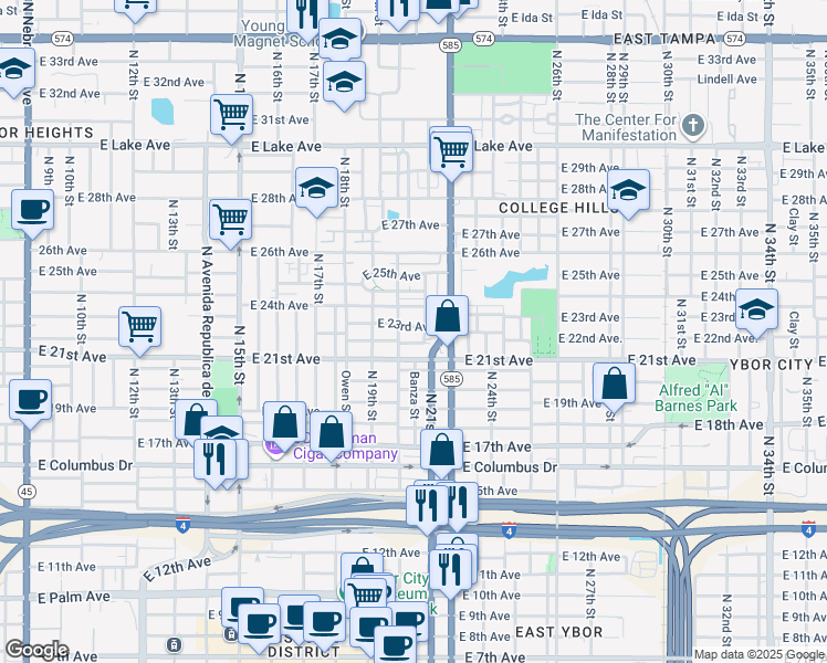 map of restaurants, bars, coffee shops, grocery stores, and more near 2101A East 24th Avenue in Tampa