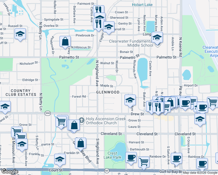 map of restaurants, bars, coffee shops, grocery stores, and more near 1529 Maple Street in Clearwater