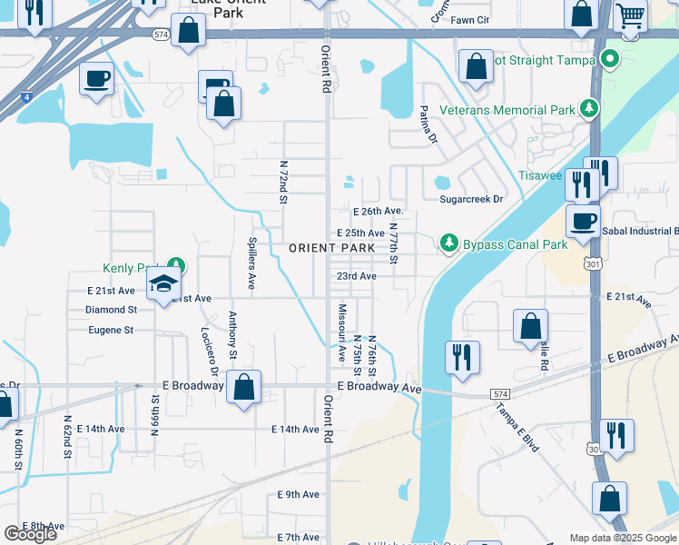 map of restaurants, bars, coffee shops, grocery stores, and more near in East Lake-Orient Park