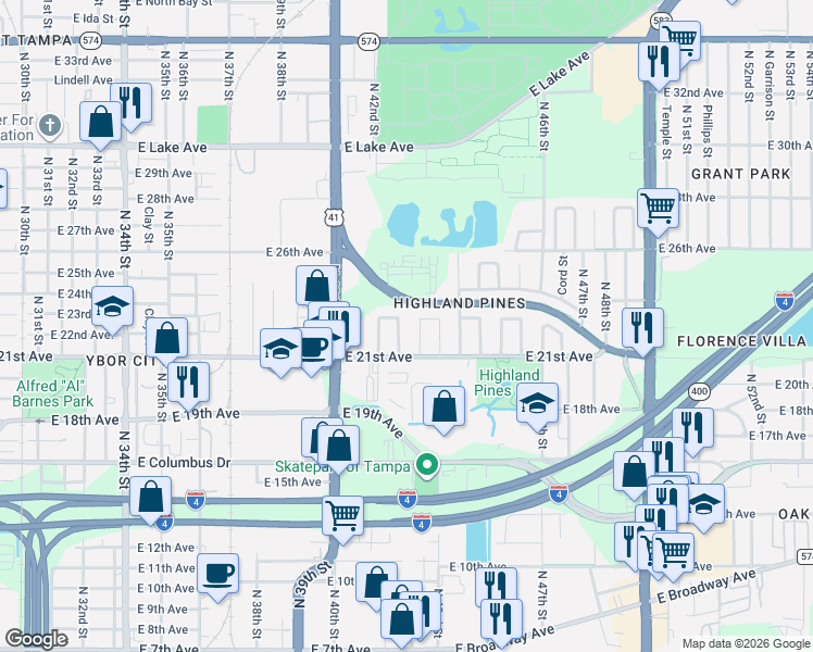 map of restaurants, bars, coffee shops, grocery stores, and more near 4210 East 22nd Avenue in Tampa